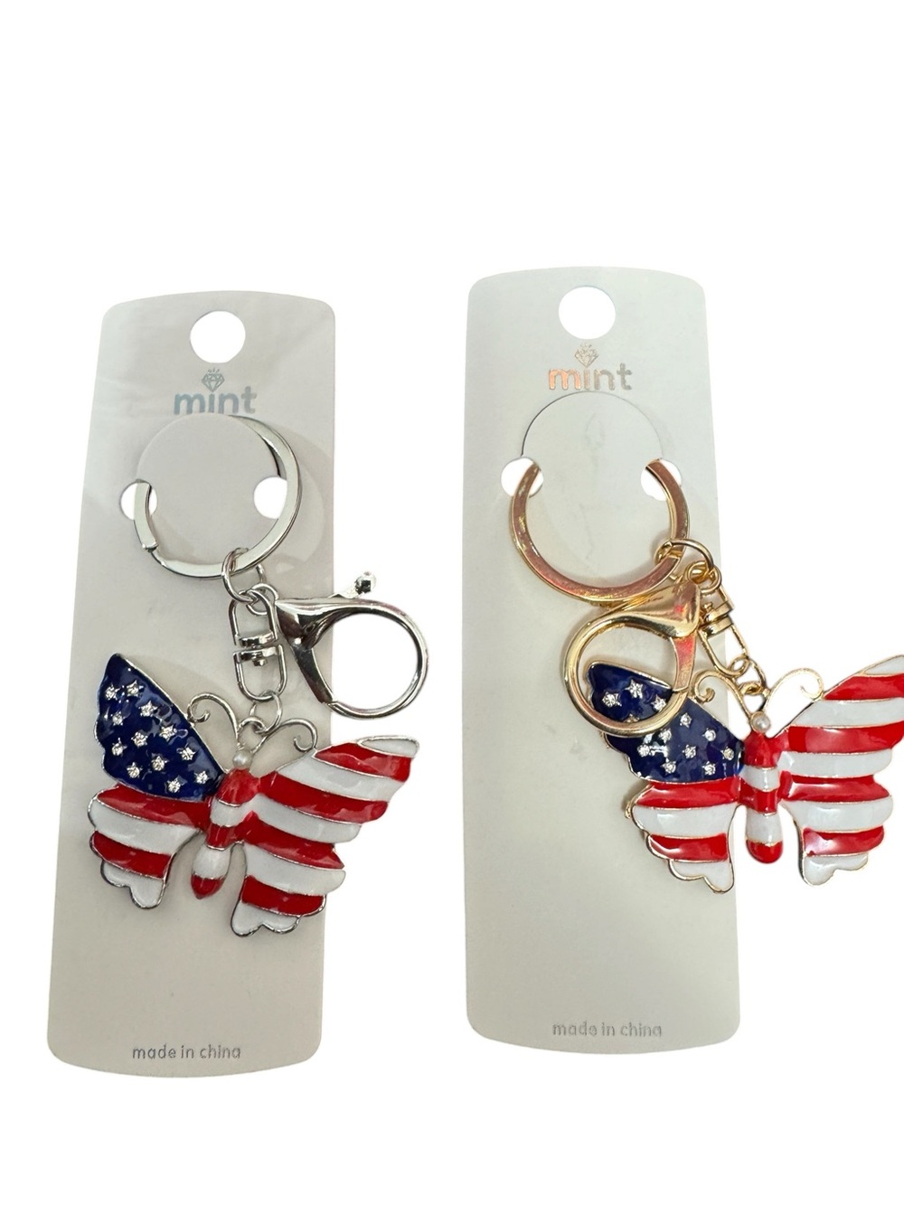 Mint American Flag Butterfly Keyring Duo - Silver & Gold Hardware
